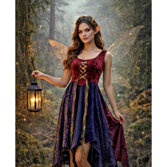 Dresses & Skirts - Dark Fairy‎ Costume Overdress Burgundy & Blue Velvet Lace Up Fantasy Ren Faire